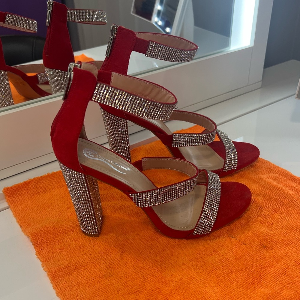 Red Rhinestone Chunky Heels Two Strap Zip Up